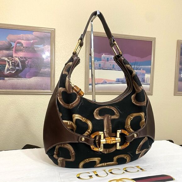 GUCCI Horsebit Canvas Leather Hobo Bag 💼 Brown/Black - Picture 4 of 16